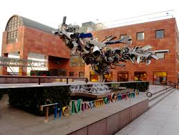 Exterior of building with modern art sculpture in front